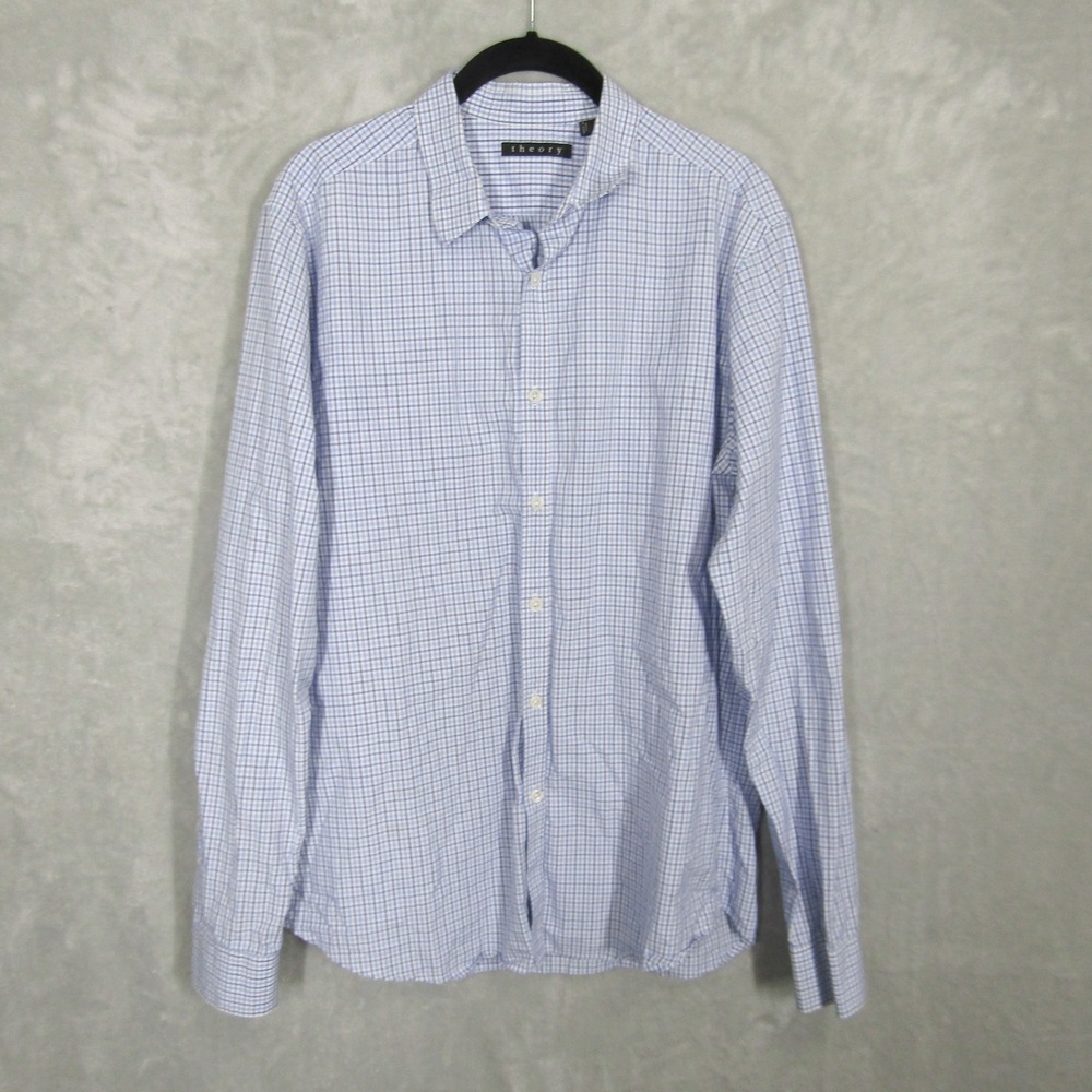 Theory Men's Long Sleeve Button Down Shirt Plaid Checkered Blue White
